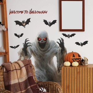 Halloween Ghost And Bat Wall Stickers PVC Removable Horror Atmosphere Decor For Living Room Bedroom Welcome To Halloween