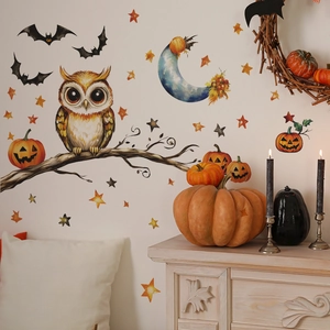 Halloween wall sticker featuring cartoon owl, bat, and pumpkin in watercolor style
