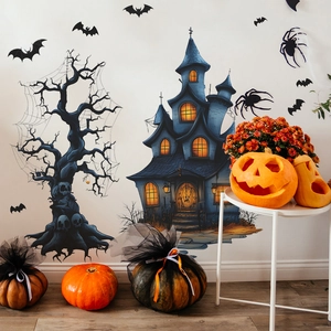 Stickers muraux Halloween avec château bleu lumineux, arbre mort et chauves-souris décor