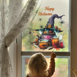 Halloween witch potion cauldron static window clings with child in cozy home setting