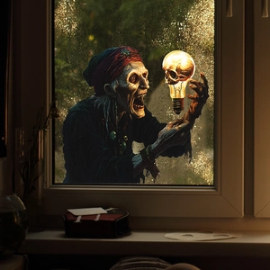 Creepy Halloween zombie window sticker featuring old woman with glowing skull for home decor