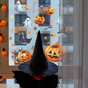 Halloween window clings featuring pumpkins and ghosts in a hand-painted watercolor style