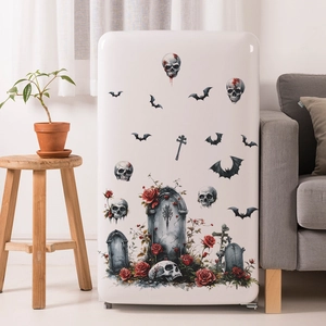 Halloween skull and gravestone wall decals with red roses and bats on white background