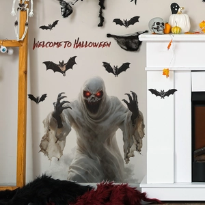 Giant Halloween ghost wall stickers with bats and welcome sign for festive home decor