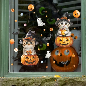Cute Halloween window stickers featuring cats in pumpkins, ghosts, bats, and stars for home decor