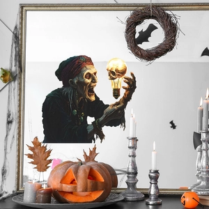 Halloween zombie witch window static sticker with glowing skull for festive home decoration