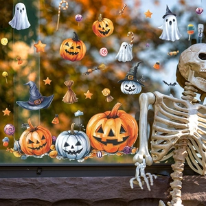 Halloween window stickers featuring pumpkin, ghost, and bat decals for home party decoration