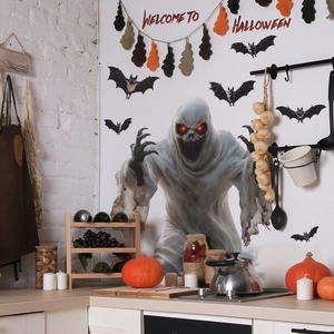 Halloween wall sticker set with glowing eye ghost, black bats and welcome slogan decor