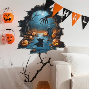 3D Halloween wall sticker with spooky forest, pumpkin lanterns, and monster claw through wall