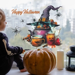 Halloween window decals set with witch hat, cauldron and pumpkin for home glass decoration