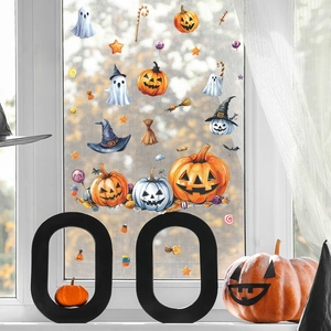 Halloween window stickers set with pumpkins, ghosts, and bats for festive glass decoration