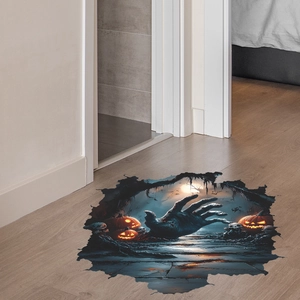 3D Halloween floor decal featuring a zombie hand and glowing pumpkins on wood floor