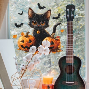 Halloween window clings featuring a black cat, pumpkins, and bats for home glass decor