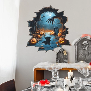 3D Halloween wall sticker with glowing pumpkins and spooky hands breaking through wall
