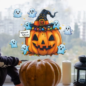Halloween window clings featuring a large pumpkin in a witch hat and cute cartoon ghosts
