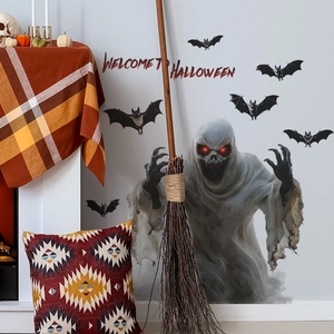 Halloween wall decals set with spooky ghost red eyes bats and welcome slogan