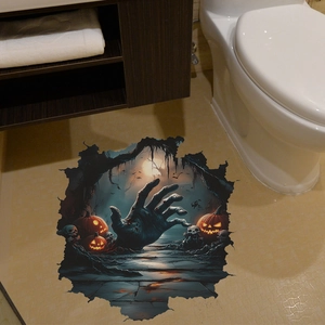 3D Halloween floor decal featuring a spooky hand reaching from a pit with pumpkins