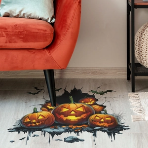 3D Halloween wall decal featuring pumpkins and bats with realistic broken wall effect