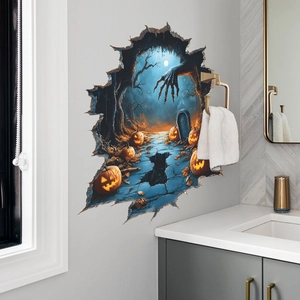 3D Halloween wall decal featuring spooky pumpkin, ghost hand, and cracked wall mural decor