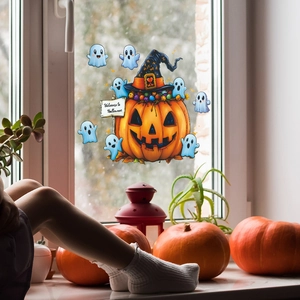 Halloween window stickers set with pumpkin ghost and wizard hat for home holiday decoration