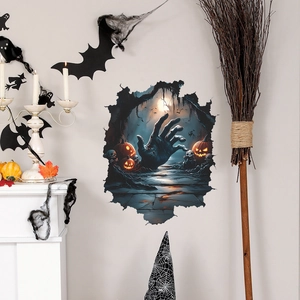 3D Halloween wall decal featuring a zombie hand and pumpkins for spooky room decor