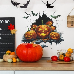 3D Halloween wall stickers featuring Jack-o'-lantern pumpkins and bats with a cracked wall effect
