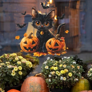 Halloween window stickers featuring a cute black cat, pumpkins, and bats for festive decor