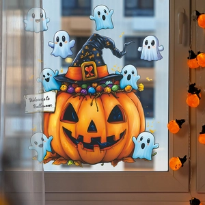 Halloween window stickers featuring a large pumpkin with witch hat and blue ghosts