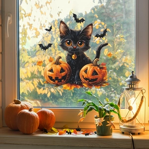 Halloween Static Window Stickers Cartoon Black Cat Pumpkin Bat Maple Leaf Removable Glass Decals For Home Holiday Party Decoration