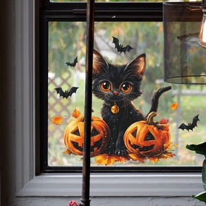 Halloween window clings featuring cartoon black cat pumpkin and autumn maple leaves