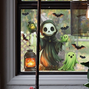 Halloween window clings featuring grim reaper, green ghosts, and bats for glass decoration