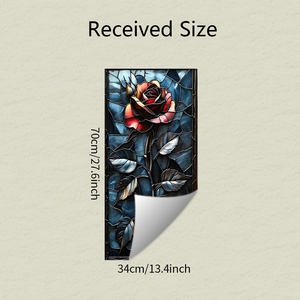 Detail view of 3D rose stained glass wall decal showing size 70cm x 34cm dimensions