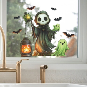 Halloween static window stickers with skeleton ghost and pumpkin on kitchen glass window