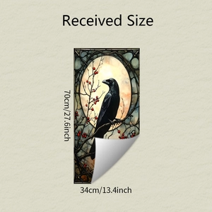 Detail of stained glass crow on berry branch wall sticker showing size measurements