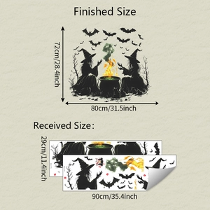 Detailed size chart for Halloween witch and bat wall stickers with layout and dimensions