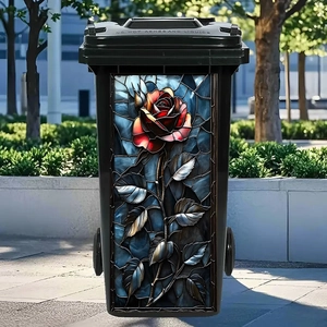 Outdoor trash bin sticker featuring a red rose stained glass art style decal