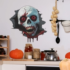 3D Halloween wall decal featuring a scary zombie skull breaking through a kitchen wall