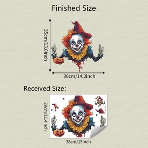 Detail showing scary Halloween clown window stickers with size labels and layout