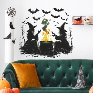 Halloween wall decals with black witches, bats, and ghosts for a festive living room decor