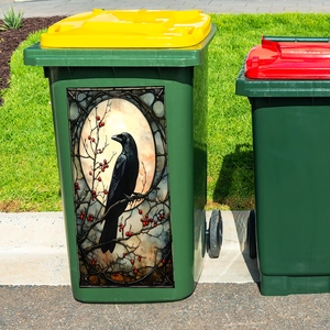 Artistic raven and red berry waterproof PVC sticker wrap for outdoor waste bin