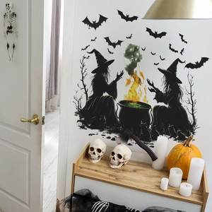 Halloween silhouette wall decals featuring witches, bats and black cats for home decor