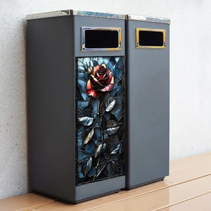 3D embossed rose floral decals on grey outdoor recycling bins with metal flip lids