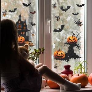 Halloween static window clings featuring pumpkin, bat, and castle for home decoration