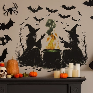 Halloween wall decals featuring witch silhouettes, bats and cauldron for home decor