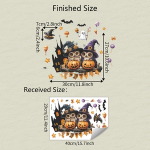 Halloween static window clings showing finished and received size dimensions for DIY decor