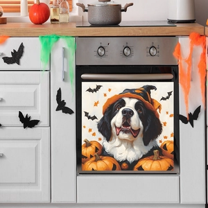 Bernese Mountain Dog Halloween magnet sticker on dishwasher with pumpkins and bats