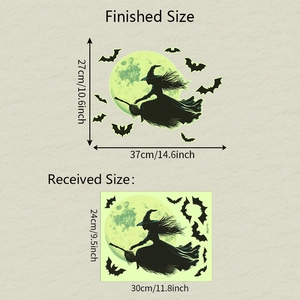 Detailed size guide for luminous Halloween wall sticker with flying witch and moon silhouette