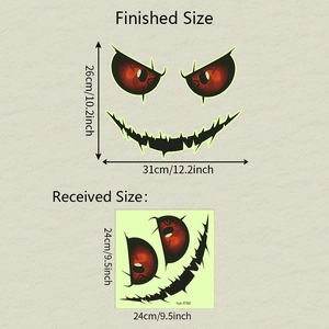 Luminous Halloween wall sticker showing creepy red eyes and jagged mouth size comparison