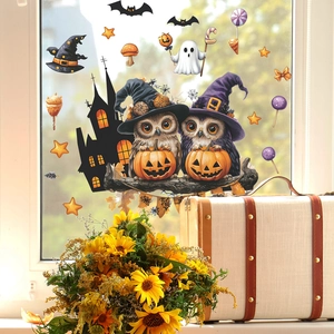 Halloween window stickers featuring cartoon owls with pumpkins and ghosts for home decor
