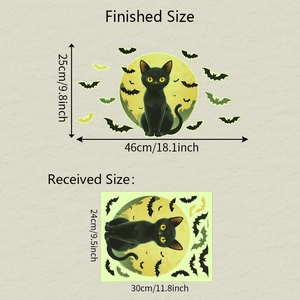 Glow-in-the-dark Halloween wall stickers showing cats and bats with size details